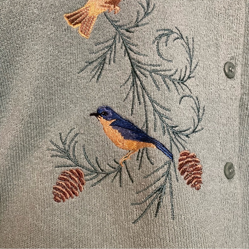 Vintage Bon Worth Embroidered Birds Knit Cardigan Grandmacore Blue Green - Picture 4 of 10
